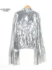 Kvinnor Tassel Sequin Jacket Summer Autumn Streewear Rock BF Retro Långärmad silver Reflective Jacket Women Outwear Tops 240201