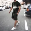 hommes 3D lettre ligne épissage vacances en plein air décontracté street wear col rond à manches courtes t-shirt shorts sport ensemble de 2 pièces 240201