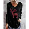 Women's T Shirts Clothing 2024 Fashion Casual Funny Cute Cartoon Print Christmas T-shirts Female Y2K V Neck Long Sleeve Loose Tunic Tops