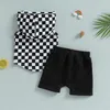 0421 Lioraitiin 03Years Baby Boy 2pcs Summer Outfits Checkerboard Print Mouwloze hoodie T -shirt Stretch shorts Set 240131