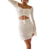 Casual Kleider Frauen Y2k Häkelstrick Cover Up Kleid Low Cut Tie-up Langarm Ausschnitt Bodycon Mini Sommer Strand Party