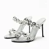 Sandals TRAF Shiny Rhinestone Slingback High Heeled Women's Fashion Silvery Peep Toe Heels Shoes Woman Mulse Summer 2024