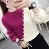 Kadın Sweaters Sonbahar Kış Moda Trendi Dantel Yuvarlak Yuvarlak Boyun Giysileri Kore Uzun Kol Kontrast Renk Örgü Üstler