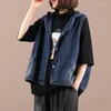 Kvinnors västar Spring Autumn Vest Korean Loose Casual Print Hooded Waistcoat Pocket Sleeveless Denim Jacket Kvinna