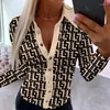 Women's Blouses Shirt For Women 2024 Ruched Printing Lapel Single Breasted Bodycon Slim Long Sleeve Top Elegant Office V-Neck Sexy Skinny