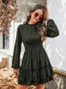 Casual Dresses Dark Green Leopard Tiered Flounce Mini Dress For Women Sexy Mock Neck Long Sleeve Party 2024 Spring Autumn Female