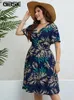 Sukienki w dużych rozmiarach Gibsie Tropical Print V Szyjka szyjka Sukienka Kobieta Wakacje Boho Beach Casual Elastic Summer MIDI 2024