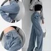 Dżinsy damskie seksowne krzyżowe wysokie waty kobiety wiosna 2024 umyte swobodne luźne spodnie z szerokimi nogawkami Kobieta solidne niebieskie proste spodni dla studenckich dżinsów
