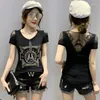 Women's T Shirts High Quality Summer Girl T-Shirt Clothes Fashion Shiny Diamonds Eiffel Tower Women Tops Sexy Back Mesh Shirt Tees 2024