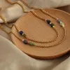 Choker ALLME Handmade Colorful Natural Stone Strand Link Chain Pendant Necklaces For Women Gold PVD Plated Titanium Steel