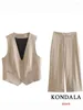 Women's Two Piece Pants KONDALA Casual Apricot Solid Button Zipper Pocket Chic Women Suit Sleeveless V Neck Waistcoat Straight Fashion 2024