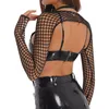 Femmes O Ring À Manches Longues Sheer Mesh Haussement D'épaules T-shirts Sexy SeeThrough Résille Cover Up Chemises Col Mini Crop Top Party Club 240201