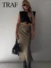 Skirts TRAF Women Fashion Solid Satin Silk Texture Tight Midi Skirt Woman Beach Style Chic And Elegant Women's Mermaid