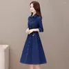 Casual Dresses Spring Autumn Women Denim Dress Elegant Fashion Turn-Down Collar Long Sleeve Jean Female Slim A-Line Kne Length