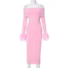 Casual Dresses Feather Long Sleeve Off Shoulder Midi Dress 2024 Fall Winter Pink Knit Women Sexy Birthday Party Outfits