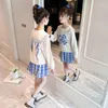 Kläder set Kid JK Suit Spring och Autumn Junior Girls College Style Temperament T-shirt veckad kjol 2 stycke uppsättning 3-15 år