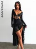 Robes décontractées BOOFEENAA Volant Découpé Asymétrique Dos Nu Longue Pour Femme 2024 Sexy Night Club Outfit Robe De Soirée Noire C85-CI30