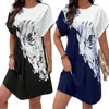 Casual Dresses Round Neck Floral Dress Flower Print Midi For Women Soft Pullover Kne Längd Spring Fall Fashion With Color Matching