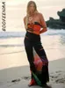カジュアルドレスブーフィーナリゾートウェアプリントメッシュセクシーなシーホルターマキシサマードレス女性2024ビーチバケーション衣装C85-CG15