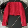 Jaquetas femininas de alta qualidade chique outono inverno vermelho lã curta jaqueta casaco doce moda mulheres o pescoço único breasted tweed tecer cortado