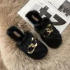 Metal chain plush slippers for women wearing autumn/winter 2024 plush flat bottomed rabbit hair wrapped half slippers 240118