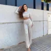 Women's Two Piece Pants 2024 Autumn Tassel Sequin Women 2 Set Fashion Silver Bright Silk O-neck Crop Tops Wide Leg Street Female Sets