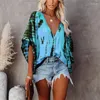 Women's Blouses Summer Fashion Oversized Deep V-neck Shirt Tie Dye Vintage Print Button Batwing Sleeve Top Female Casual Loose Cardigan