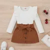 Ensembles de vêtements 1-8Y enfants filles automne vêtements ensemble bébé couleur unie à manches longues à volants côtelé hauts en tricot ceinturé mini jupes enfants tenues