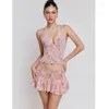 Vestidos de trabalho Fantoye Sexy Profundo Decote Em V Halter Mulheres Saia Terno Backless Crop Top Mini Plissado Femme Skinny Impresso Floral Conjuntos de Duas Peças