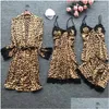 Indumenti da notte da donna Stampa leopardata da donna Pigiama da donna sexy Set Pigiama in raso di seta Abbigliamento da casa Ricamo Salotto da notte Pigiama da notte Dhru3