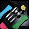 Dinnerware Sets 3Pcs/Set Portable Printed Stainless Steel Spoon Fork Steak Knife Set Travel Cutlery Tableware With Bag Drop Delivery Dhoko