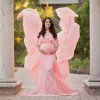 Klänningar rufsar spetsning av moderskap för fotografering axelfri snygg graviditet klänning Lång gravida kvinnor maxi klänning fotografering prop