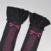 Kadın Çoraplar Siyah İnce Seksi Çoraplar Dizinde Kırmızı Bowknot Sheer Dantel Üst Uyluk Yüksek Lingerie 472
