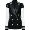 High street moda 2024 clássico varsity jaqueta feminina leão botões duplo breasted manga de couro retalhos blazer 240130