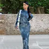 Casual Dresses O Neck Tie-Dye Dress Elegant Women's Long Sleeve Maxi med Round Slim Fit Ankel Längd för vårkvinnor