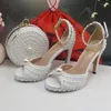 Sandales Mode Blanc Perle Bout Ouvert Chaussures De Mariée Poisson Été Femme Bride À La Cheville Boucle Sac De Fête De Mariage Talon Mince