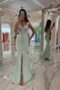 Glitter Sequins Beaded Mermaid Evening Dresses Aso Ebi Sage Satin Elegant V Neck Formal Party Gowns For Women Sexy Front Split Buttons Second Reception Dress CL3276