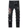 Retro Blue Ripped Hole Men Jeans Embroidered Tiger and Letter Stretch Mid-Waist Skinny Pants