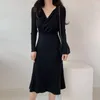 Casual Dresses Winter Autumn Women Knitted Midi Long A Line Polo Collar Chic Button Slim Bodycon Sweater Vestidos Solid Party Robe Q312