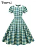 Vestidos de festa Tonval Penter-Pan Collar Botão Frente Verde Xadrez Rockabilly Vintage para Mulheres Cintura Alta Elegante Vestido A-Line