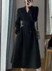 カジュアルドレス女性春秋のファッション韓国のミディブラックドレス長袖エレガントなAラインパーティーベスティドスメスアウトウェア服