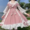 Casual Dresses Preppy Style Lolita Dress Women Bow Knut Design Långärmad hög midja En linje japansk kvinna i Vestidos Mujer