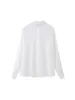 Kvinnors blusar Zadata Fashion Artificial Pearl Decoration Lose White Satin Textured Long Sleeve Knapped Blue Chic Top