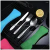 Dinnerware Sets 3Pcs/Set Portable Printed Stainless Steel Spoon Fork Steak Knife Set Travel Cutlery Tableware With Bag Drop Delivery Dhoko