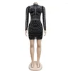 Casual Jurken Kricesseen Sexy Zwarte Glitter Sheer Mesh Crystal Mini Jurk Vrouwen Luxe Lange Mouw Verjaardag Bodycon Nachtclub Outfits