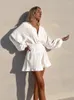 Mulheres sleepwear hiloc algodão branco manga longa lanterna em conjuntos de correspondência shorts babados feminino cintura alta botões loungewear