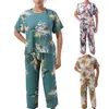 Frauen zweisteuelhafte Hosen lässig Großgröße Baumwollblumendruckanzug Ladies 2 Pyjamas Set Frühlings Sommer Lose Kurzhülsen -Tops mit