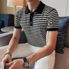 Polos masculinos 2024 malha gelo seda polo camisa com listras de verão e gola de lapela fino ajuste inteligente casual masculino camisas de golfe