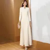 Robes décontractées Femmes Printemps Automne Beige Longue Robe Mode Col V Manches Slim Épais Élégant Pull Surlongueur