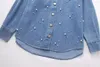 Women's Blouses TRAF 2024 Blue Denim Shirts For Women Faux Pearls Long Shirt Woman Collar Button Up And Sleeve